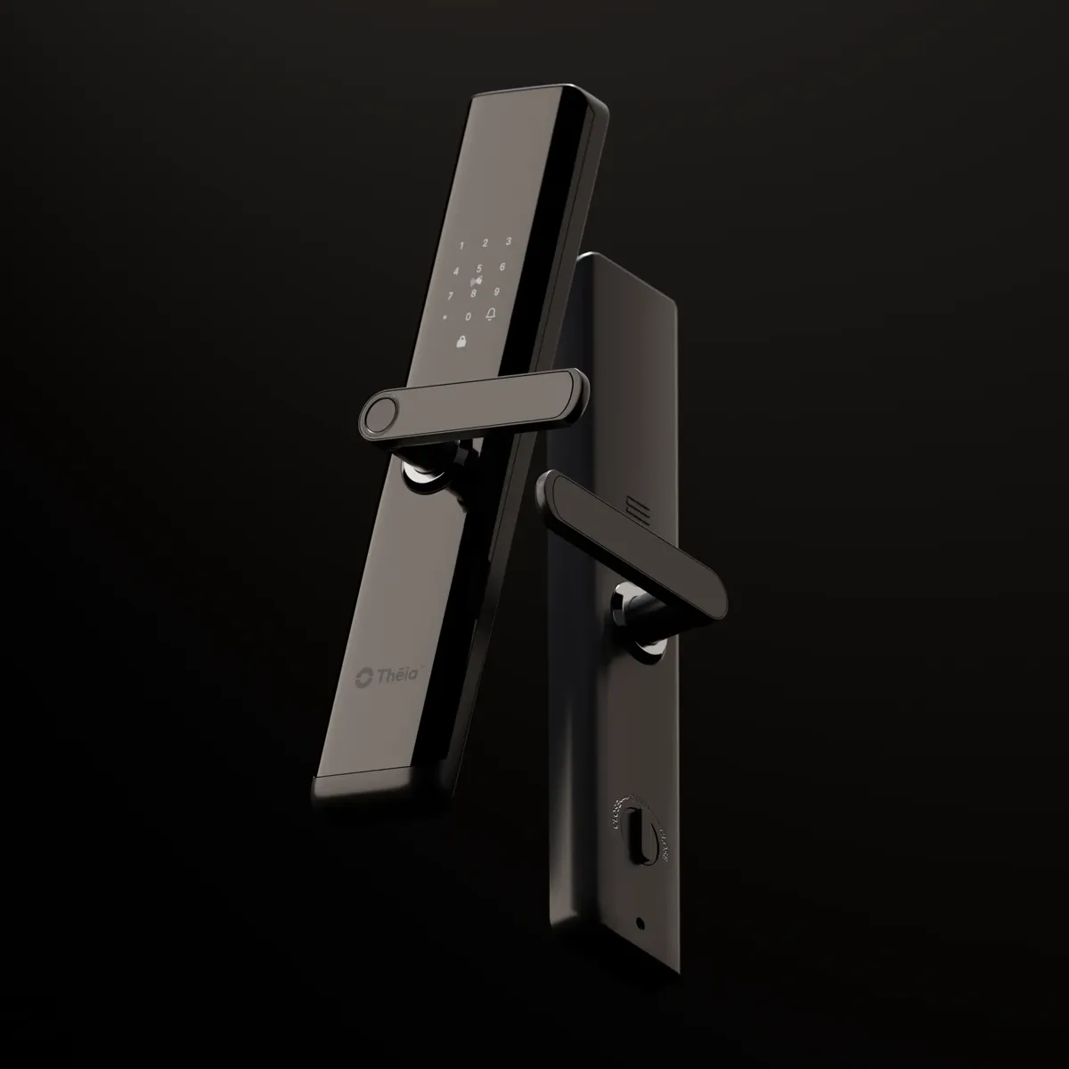 Render de una cerradura inteligente THEIA sobre fondo negro