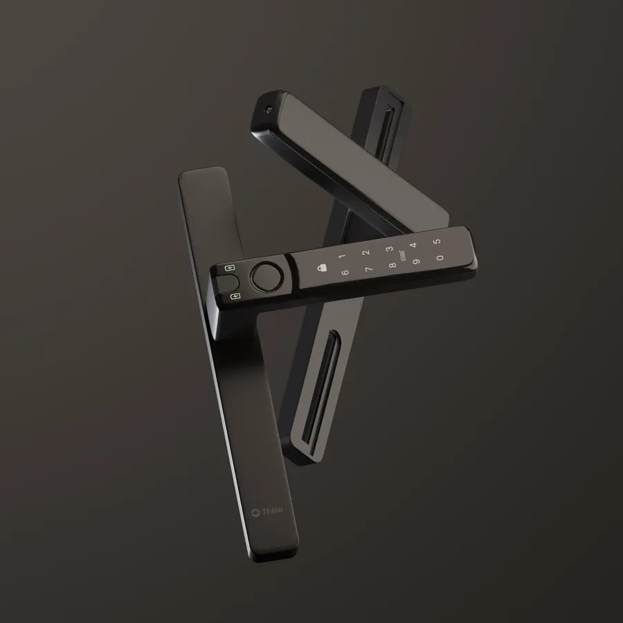 Render de producto: cerradura THEIA en ángulo