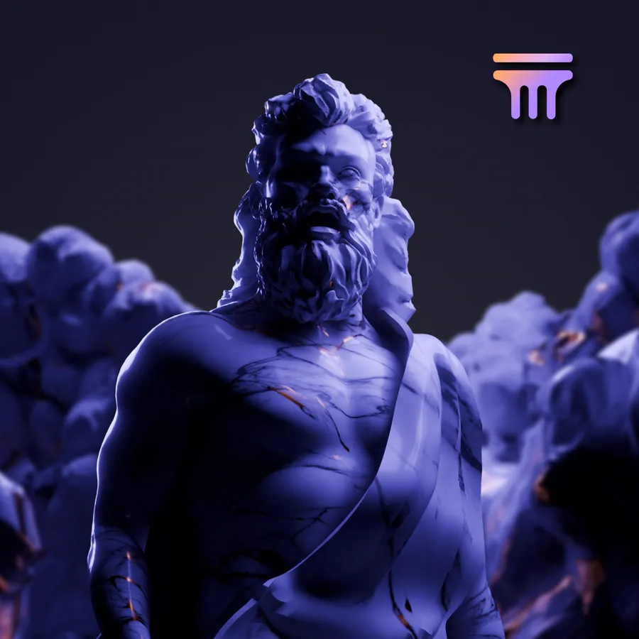 Escultura 3D de Zeus en tonos azules, de la biblioteca de Olympex