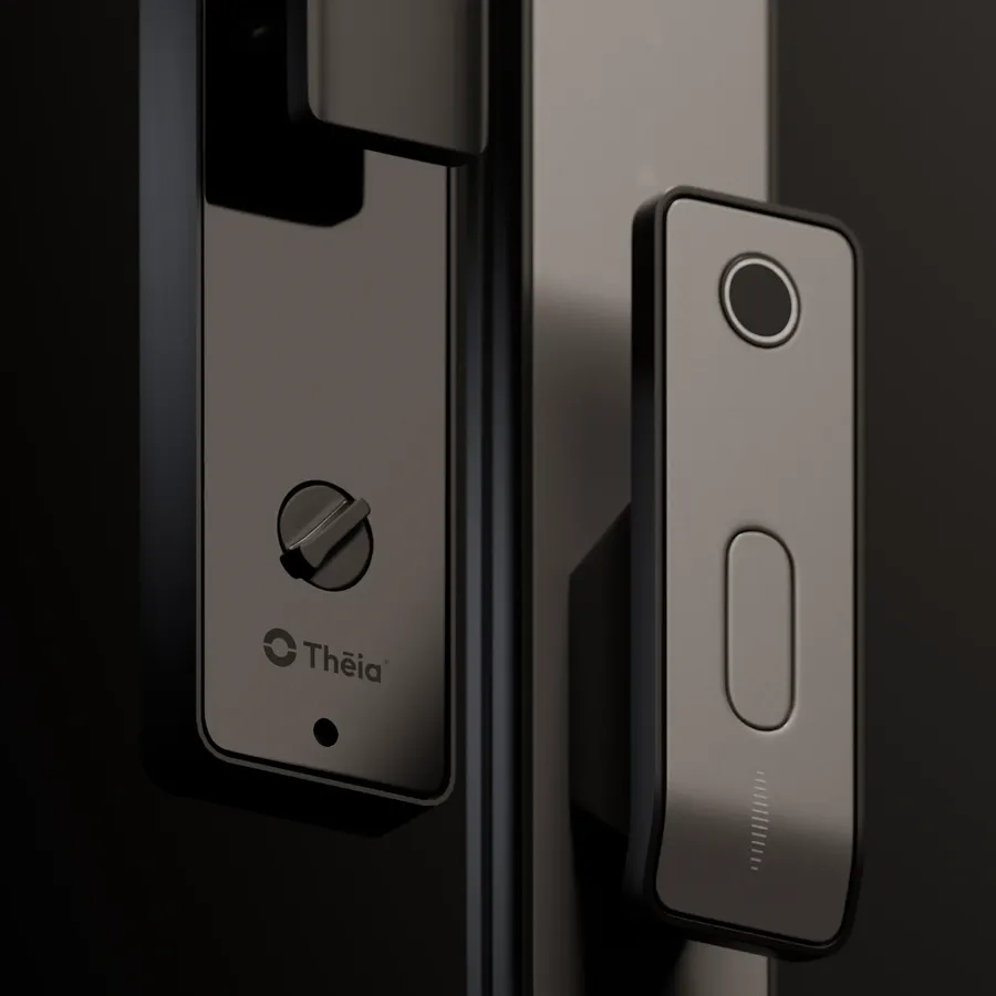 Cerradura THEIA montada en una puerta, render en primer plano